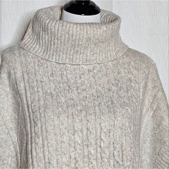LOFT Oatmeal Bohemian Turtleneck Cable Knit Chic Ribbed Trim Flowy Knit Sweater - Picture 6 of 14